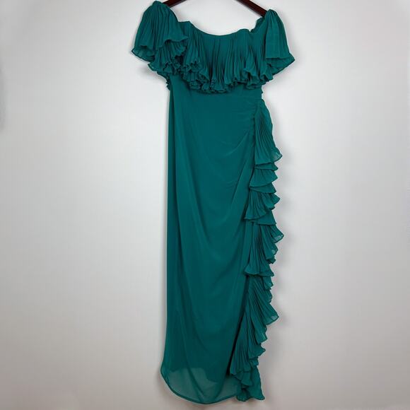 Anthropologie Hutch Green Off The Shoulder Ruffled Column Maxi Dress Size 2 - Picture 2 of 11